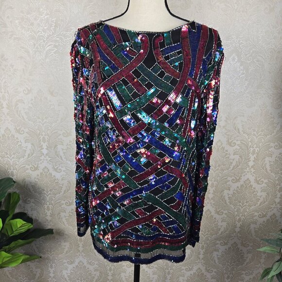 Vintage 80's Silk Sequin Beaded Evening Blouse Blue Green Fuchsia Black - Picture 1 of 16